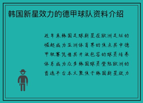 韩国新星效力的德甲球队资料介绍