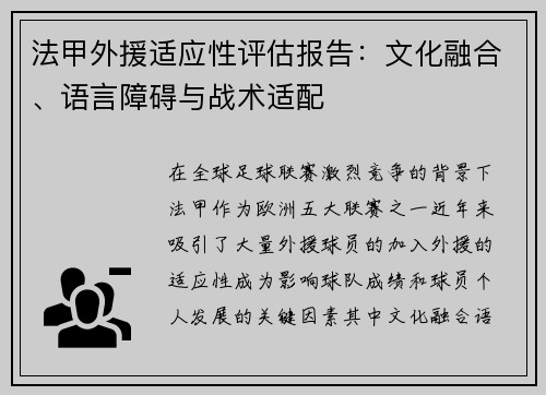 法甲外援适应性评估报告：文化融合、语言障碍与战术适配